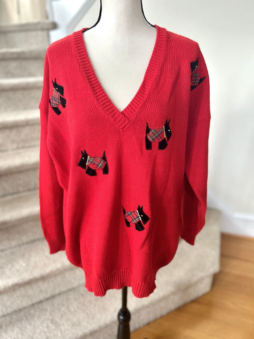 Vintage 90s Red V-Neck Velvet Tartan Scottie Dog Sweater Christmas Holiday Ugly